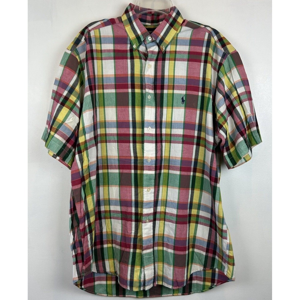 Ralph Lauren Golf Shirt Mens L Plaid Tilden Cotton Madras Golf Rugby Preppy Pony